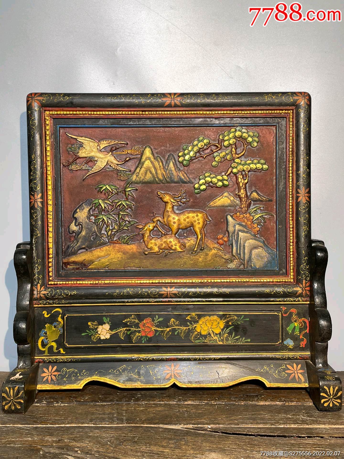 乡下收的老楠木漆器插屏鹿鹤同春插屏摆件