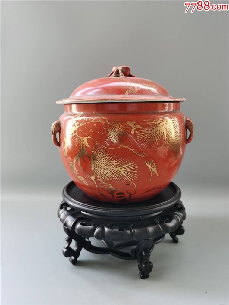 民国矾红描金松鹤延年罐包老盘碗罐缸瓶壶炉盒笔筒烟缸筒