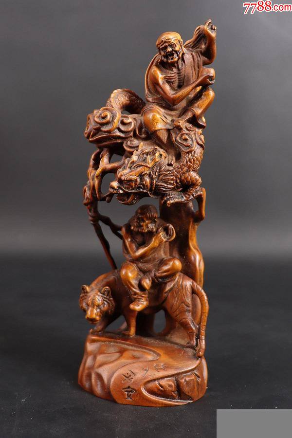 民国黄杨木雕降龙坐虎罗汉摆件_价格1800元【南方收藏品店】_第1张