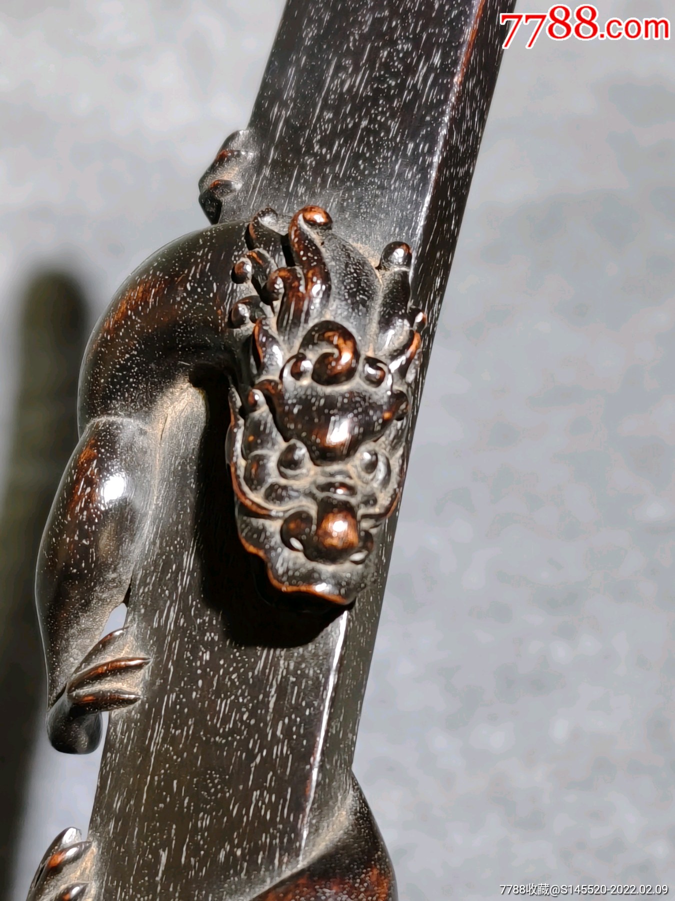 典藏老紫檀木龙纹如意古玩收藏品文房雅玩清代中期满牛毛纹采用印度