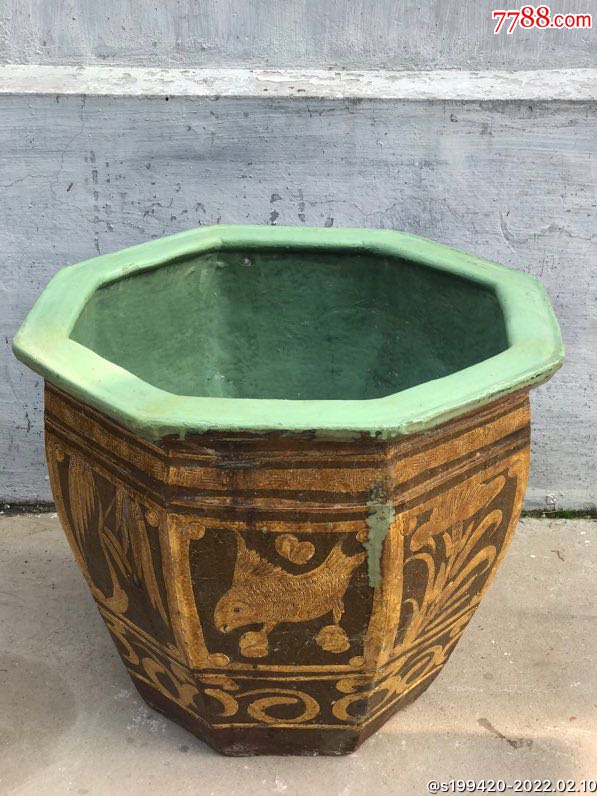 民国八角荷花缸完好无磕碰里外挂釉包浆温润器型归整