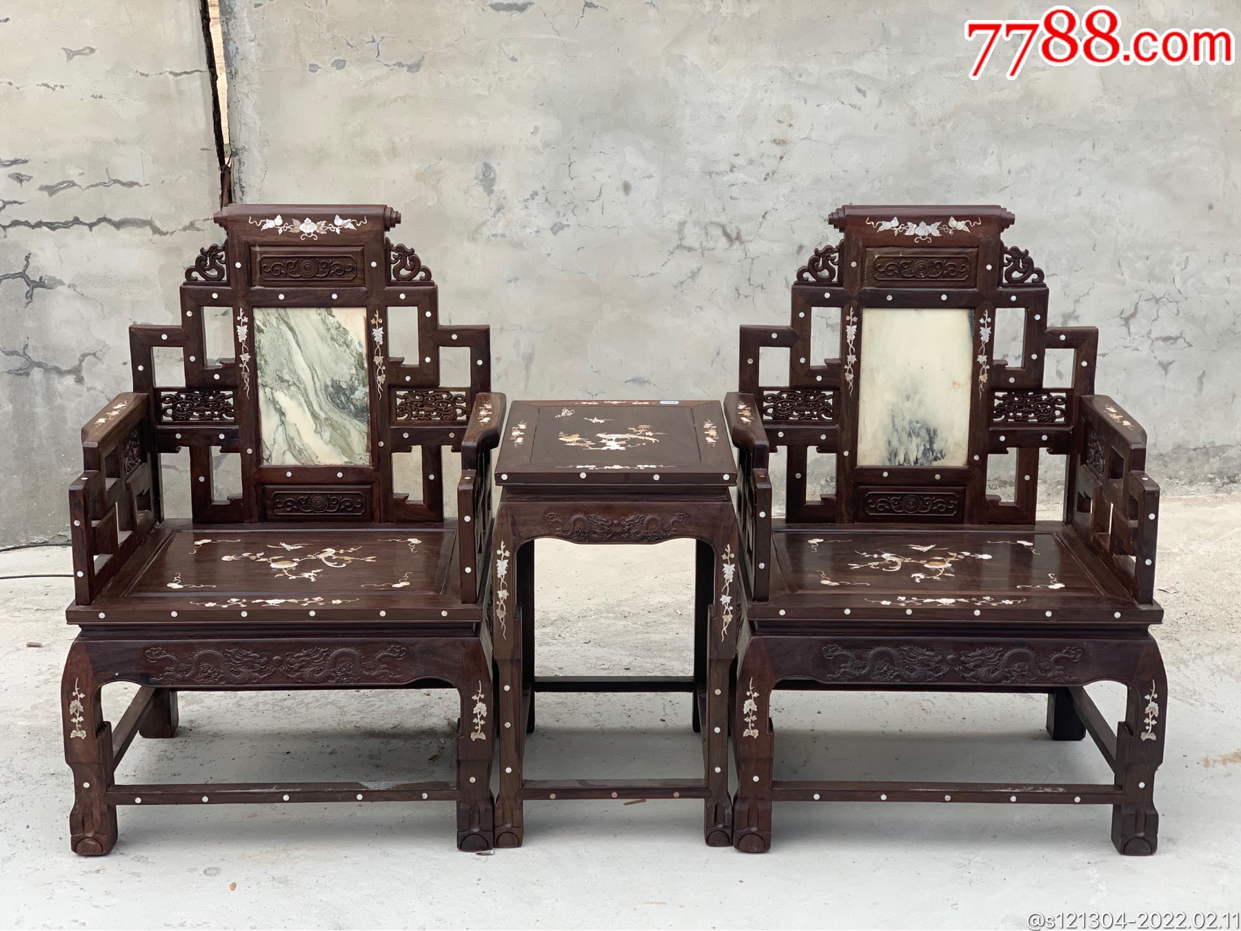檀木太师椅镶嵌螺钿三件套古典家具仿古家具_价格5200元【古玩民俗