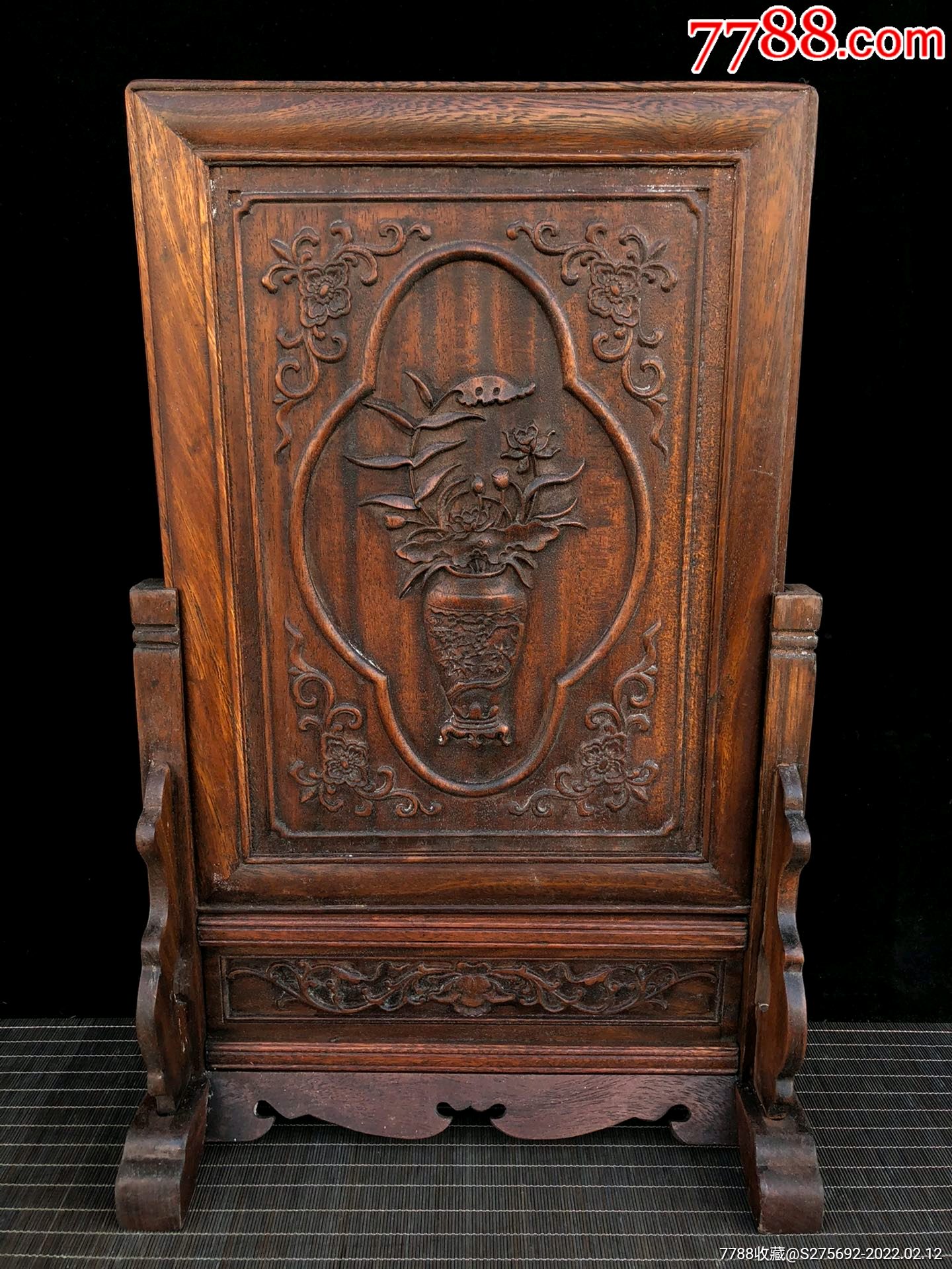 花梨木雕刻大插屏摆件精工雕刻花开富贵图案