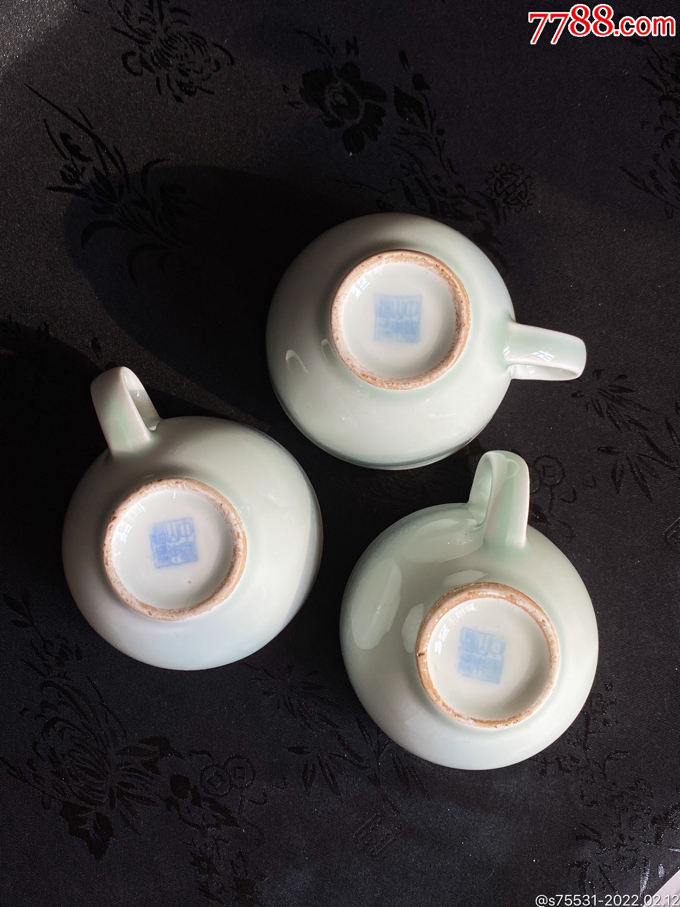 80年代国营淄博瓷厂出品鲁青瓷茶道把手茶杯3个