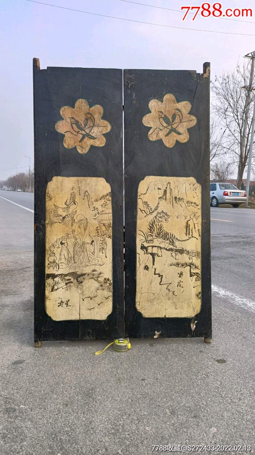 乡下收的门板手绘画一对完整包老