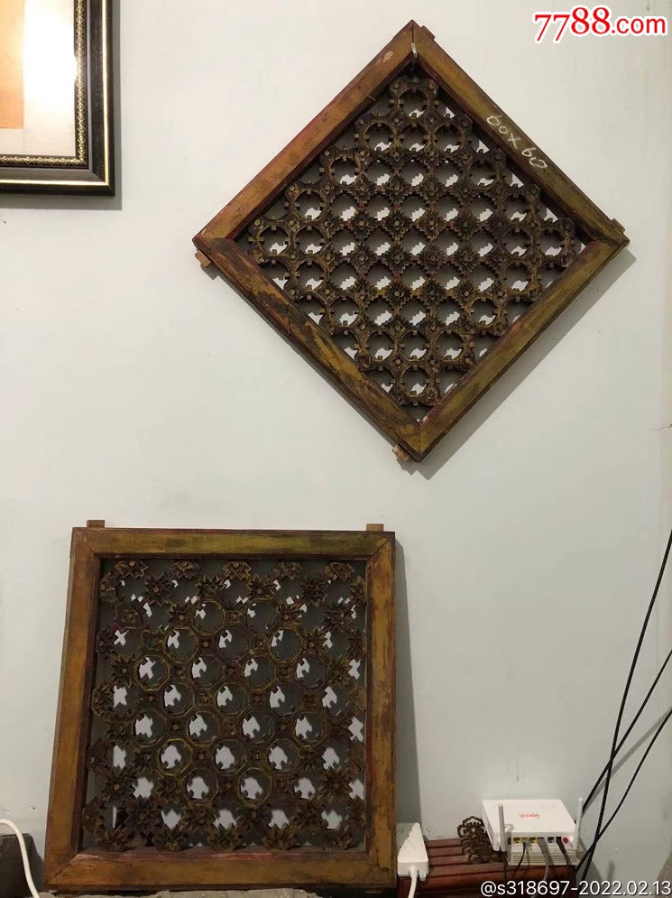 民国时期,精品窗片一对,造型独特,纯手工雕刻,雕工精细,完整。单片尺寸60x60_木门窗_图片价格_收藏价值_7788钢笔收藏