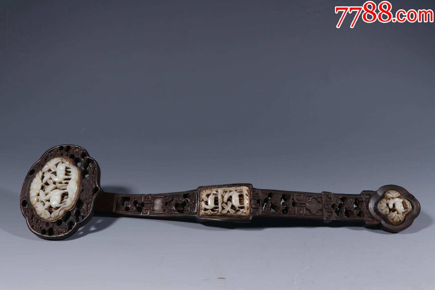 紫檀木镶和田玉一路连科如意一柄