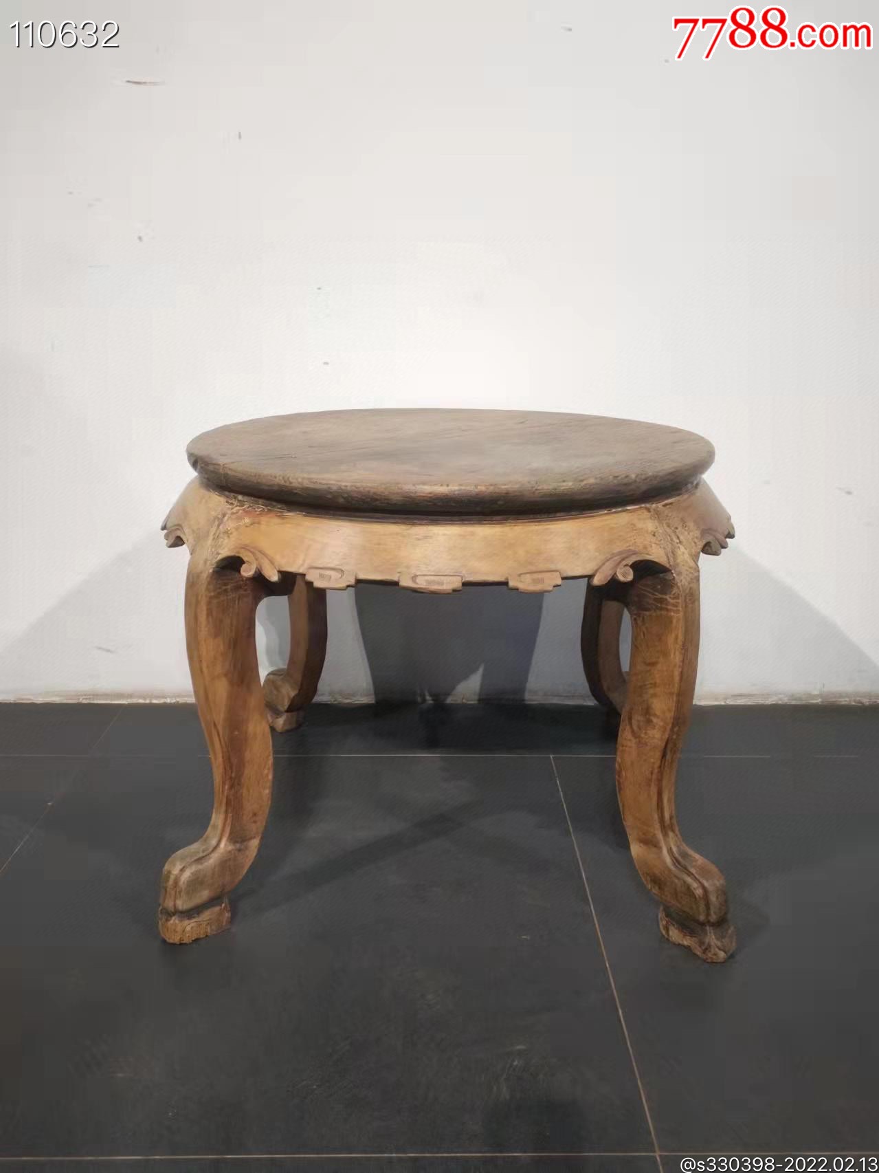 清早期杉木独面两拼三弯腿小圆桌大弯腿霸气独特自然风化老皮克