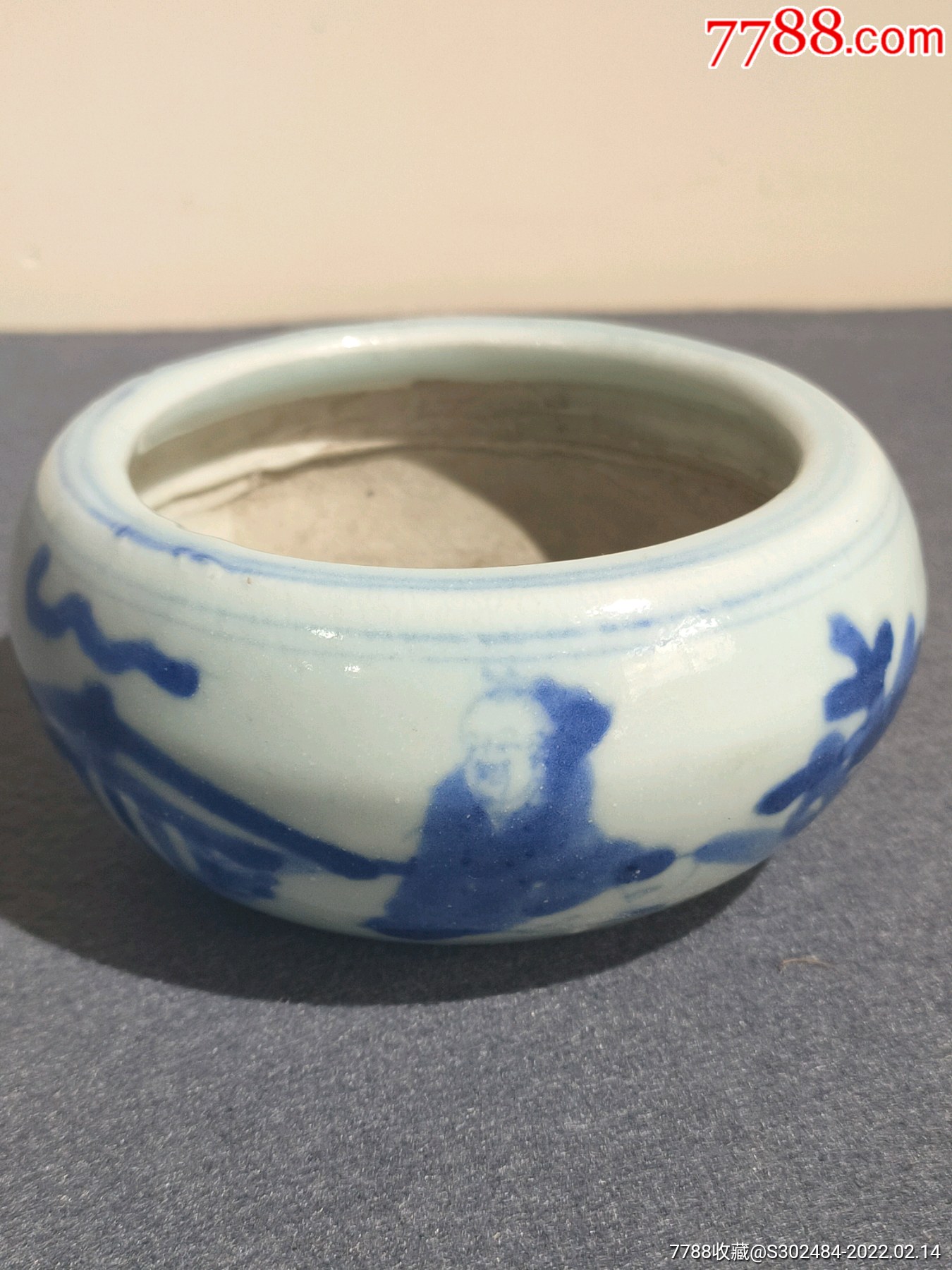 晚清青花人物文房小水盂