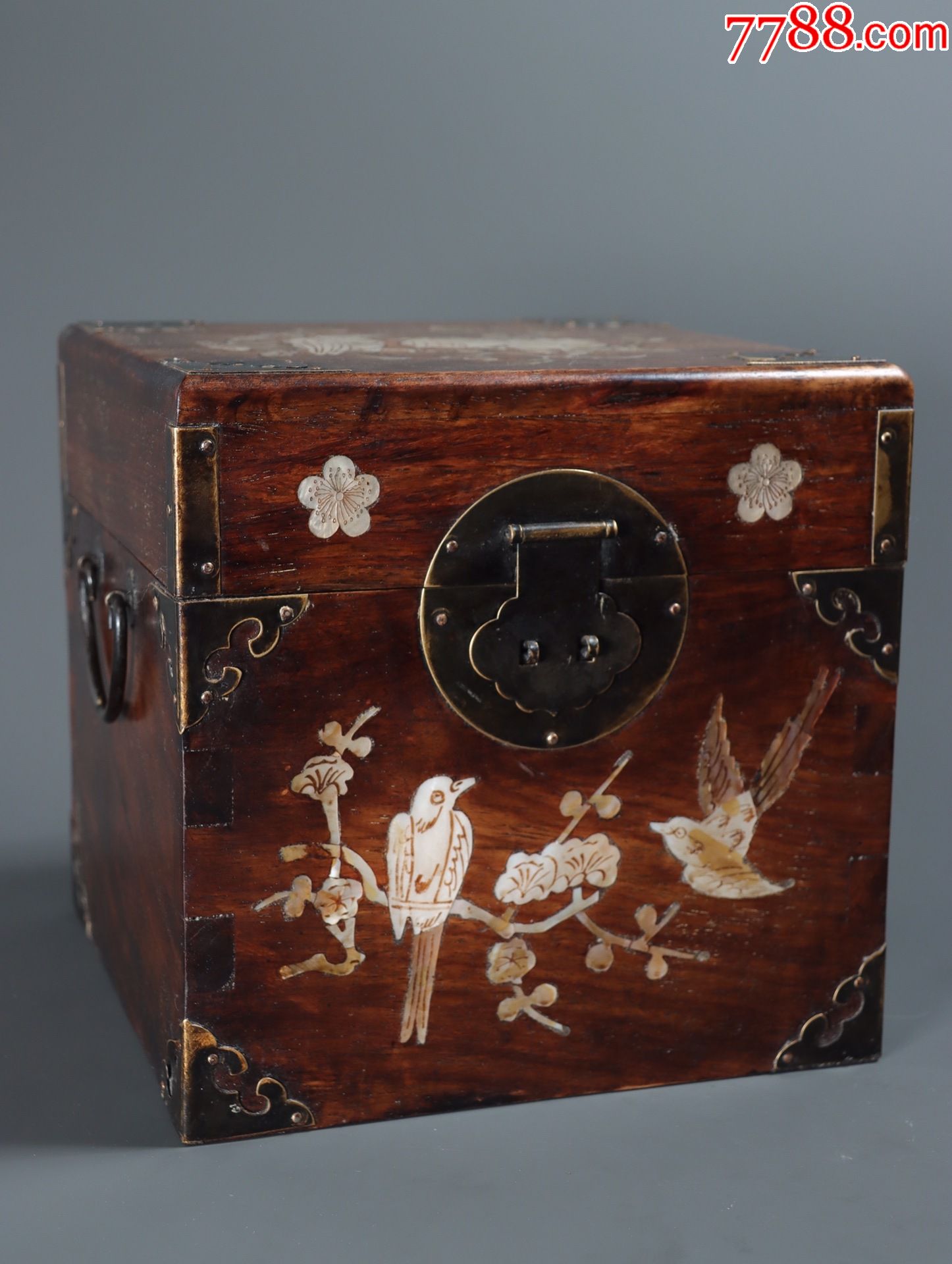 旧藏花梨木镶螺钿多子多喜盖盒_木盒/木匣_品种图片_收藏价格_7788