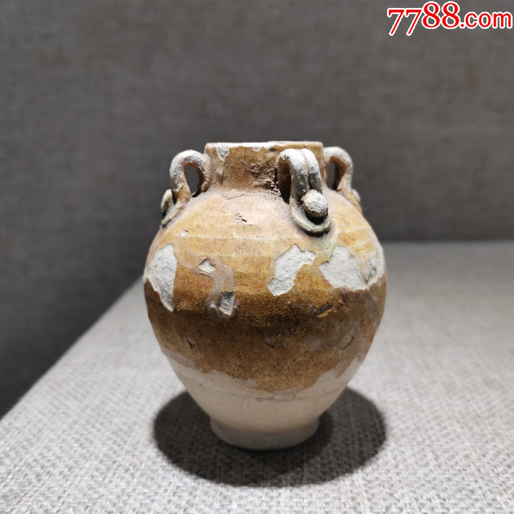 老瓷器古玩摆件收藏唐代四鼻子黄釉小瓷瓶原品保真