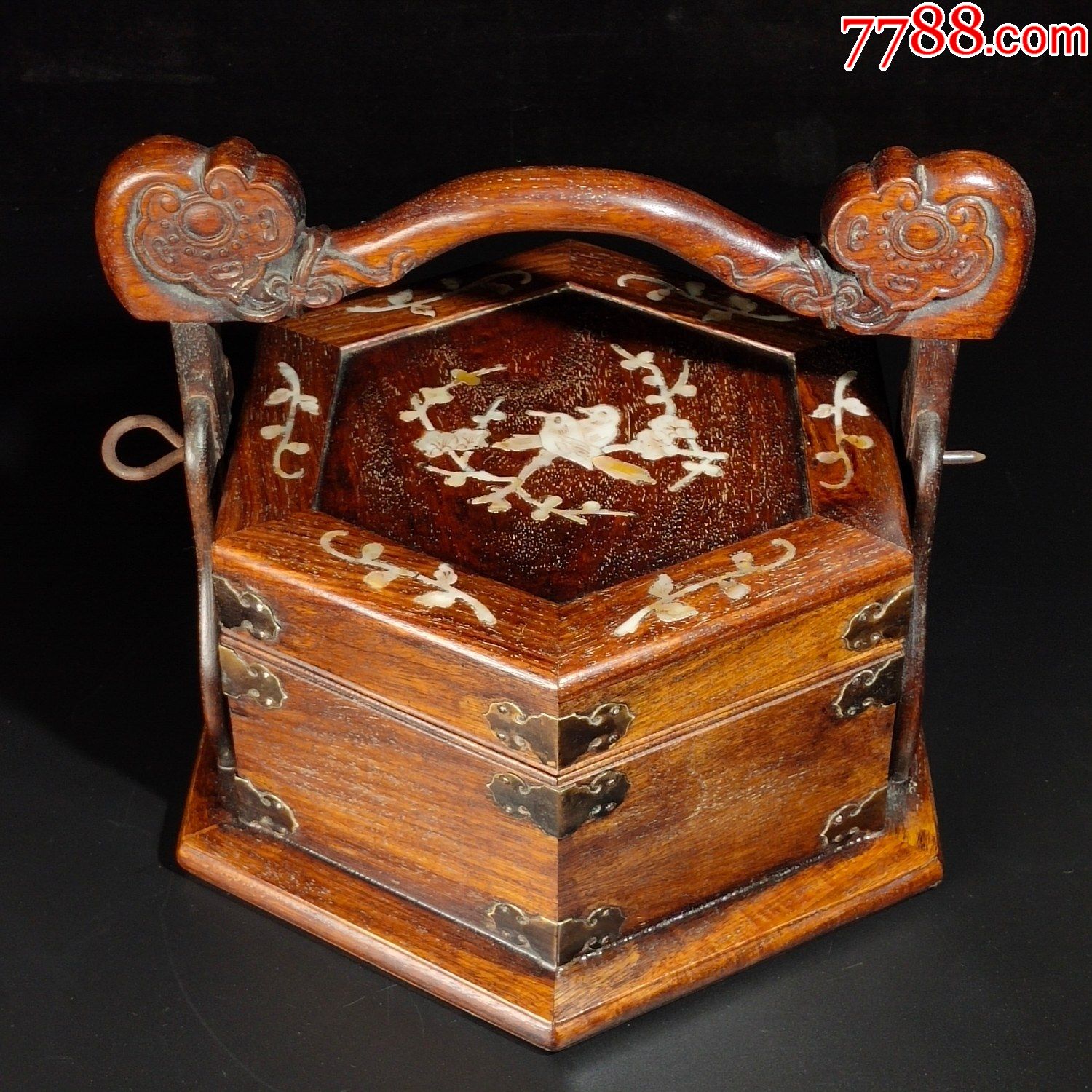 花梨木满牛毛纹手工镶嵌贝壳喜上眉梢图点心盒摆件a91s8f