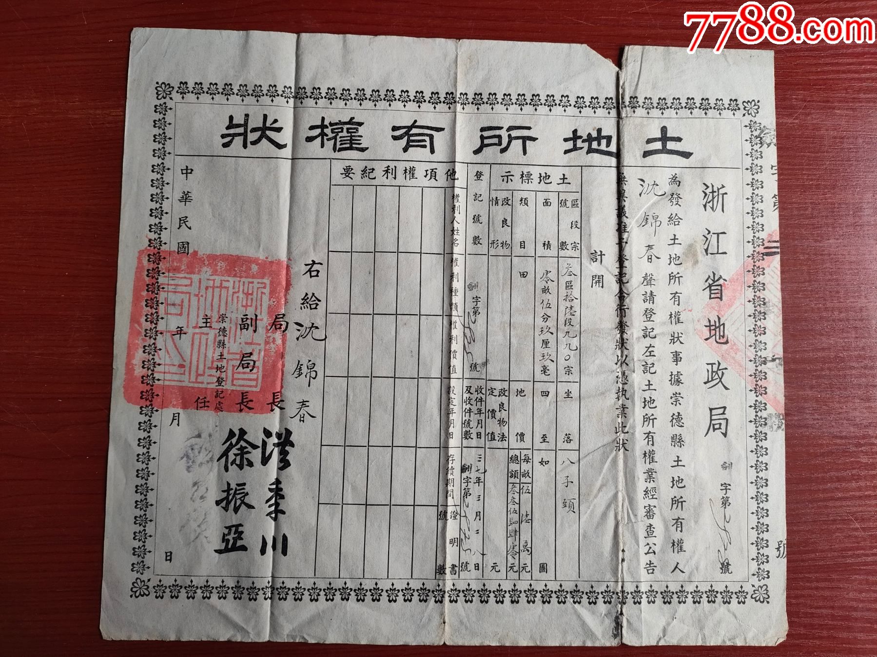 中华民国土地所有权状_地契/房契_第1张_7788钟表收藏