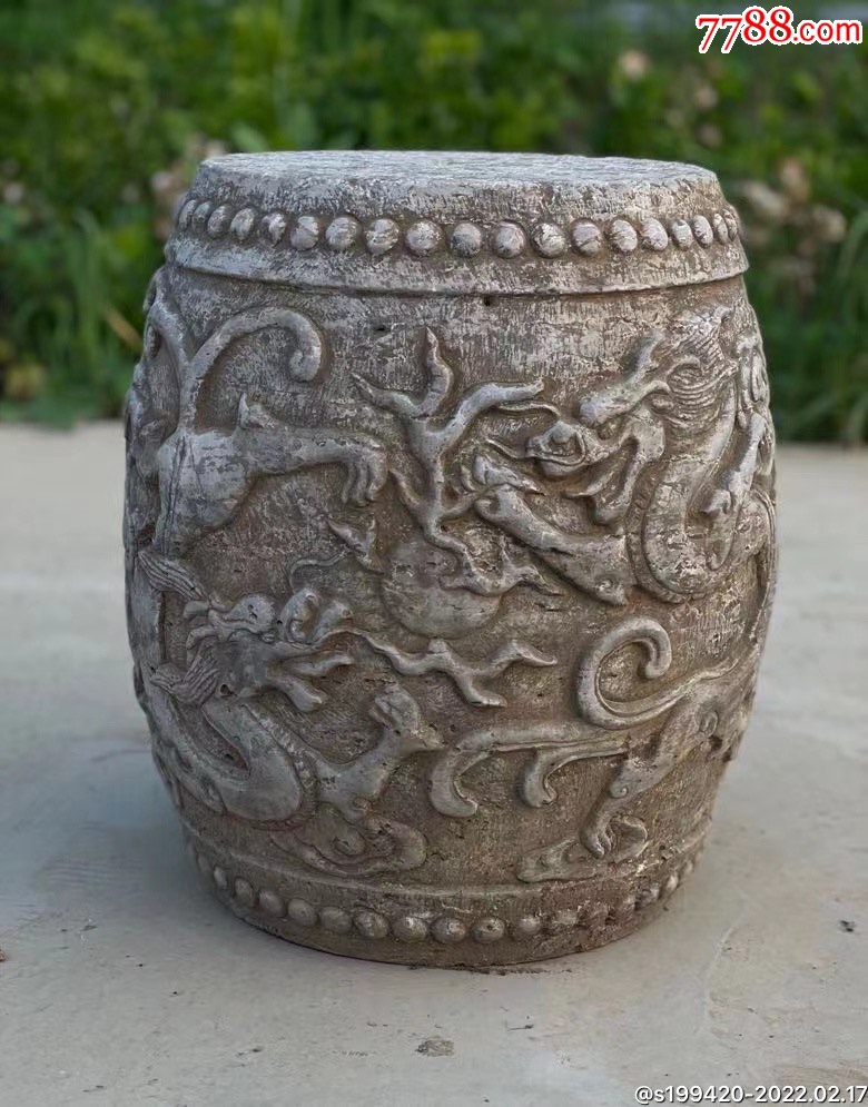 精雕青石石墩一对满工高浮雕全品无磕碰