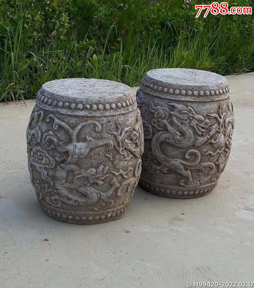 精雕青石石墩一对满工高浮雕全品无磕碰