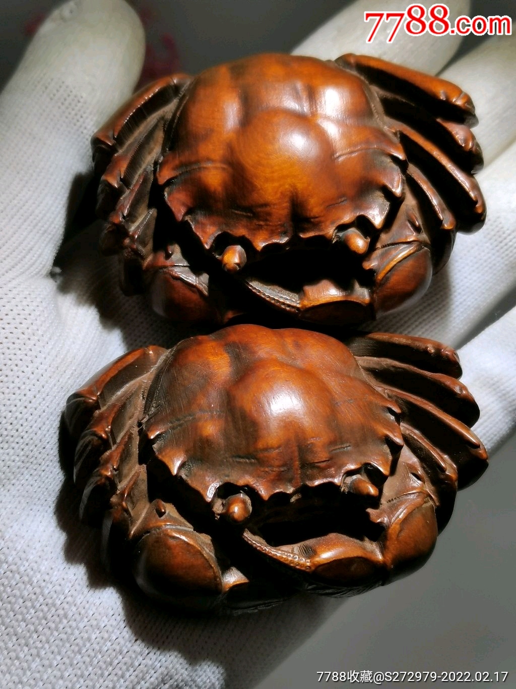 苏工黄杨木八方来财螃蟹摆件一对