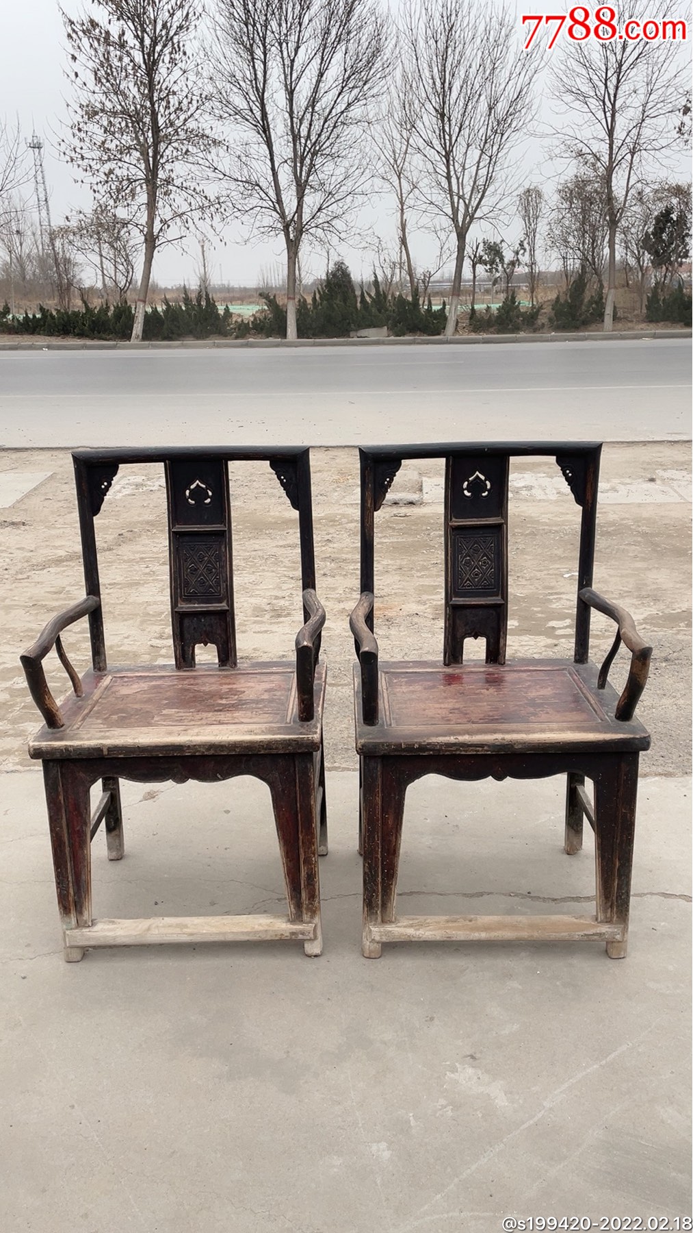 清中期榆木官帽椅一对包浆温润结实牢固座面长59宽47高53总高106