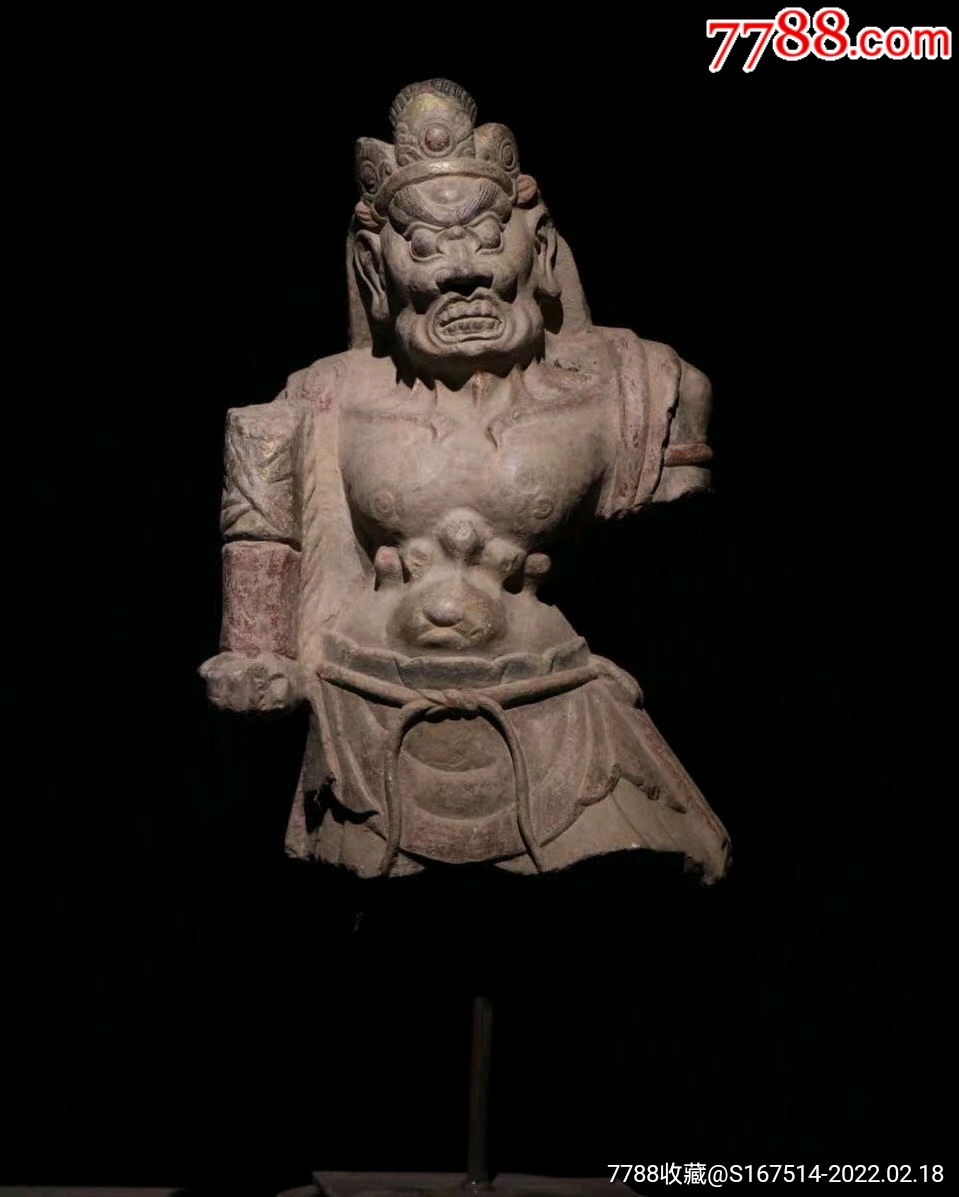 青石彩绘力士此力士造像裸露上身肌肉矫健双目圆睁嘴巴大开怒喝开脸