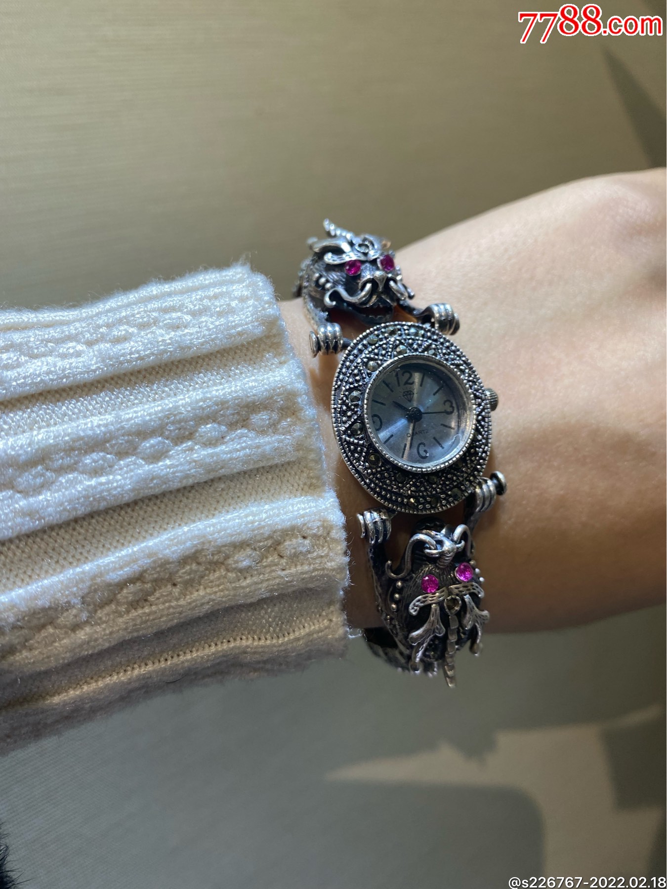 西洋古董回流纯银马赛克镶嵌红宝石双龙纹手表