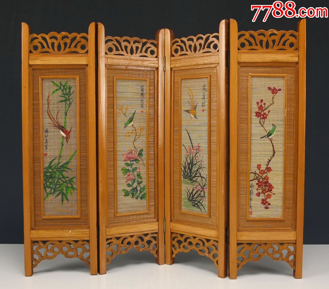 海外回流清晚民初纯手工绘画灯草屏风