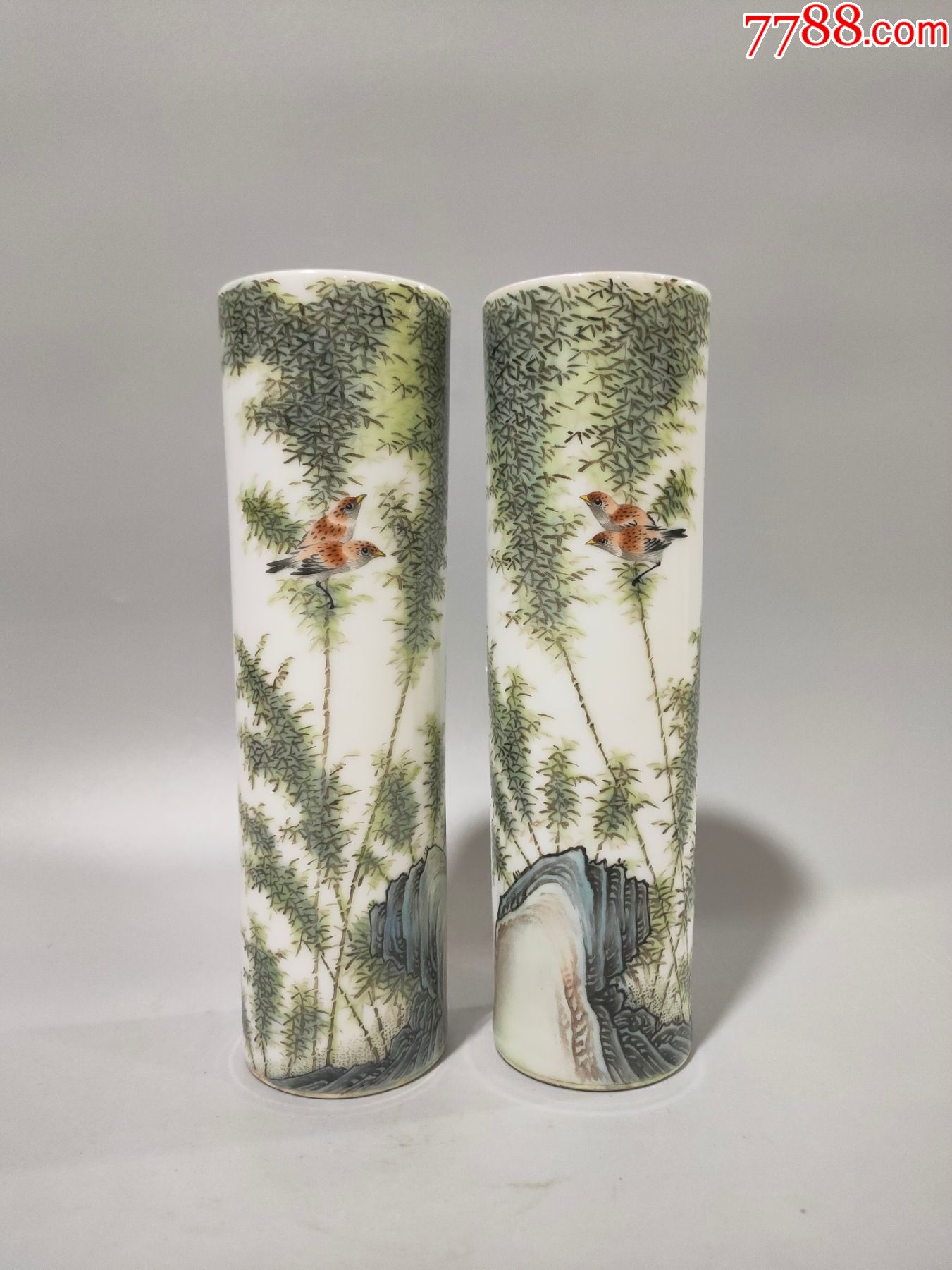 珠山八友徐仲南粉彩竹报平安纹直筒瓶_彩绘瓷/彩瓷_第1张_7788瓷器