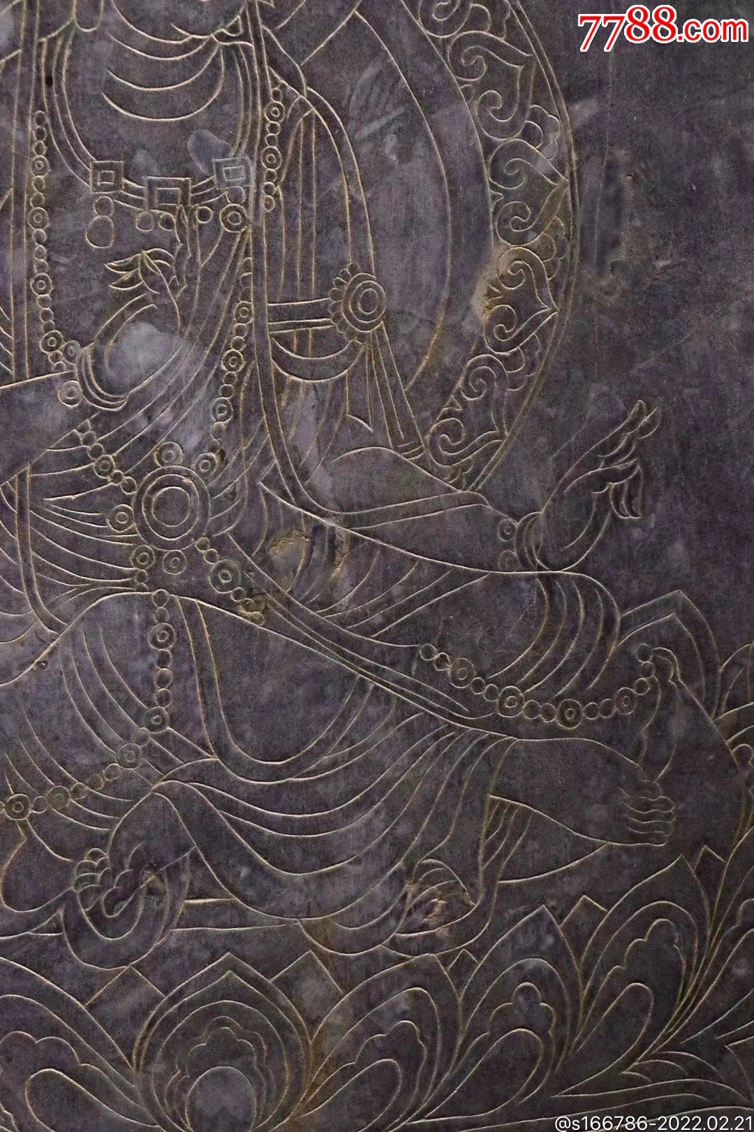 观世音线雕石壁造像尺寸高97宽61青石石壁所刻观音面庞圆润五