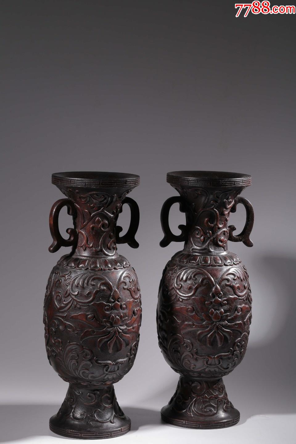 沉香木雕花绘纹花瓶一对-价格:20000元-se85474293-其他根雕/木雕