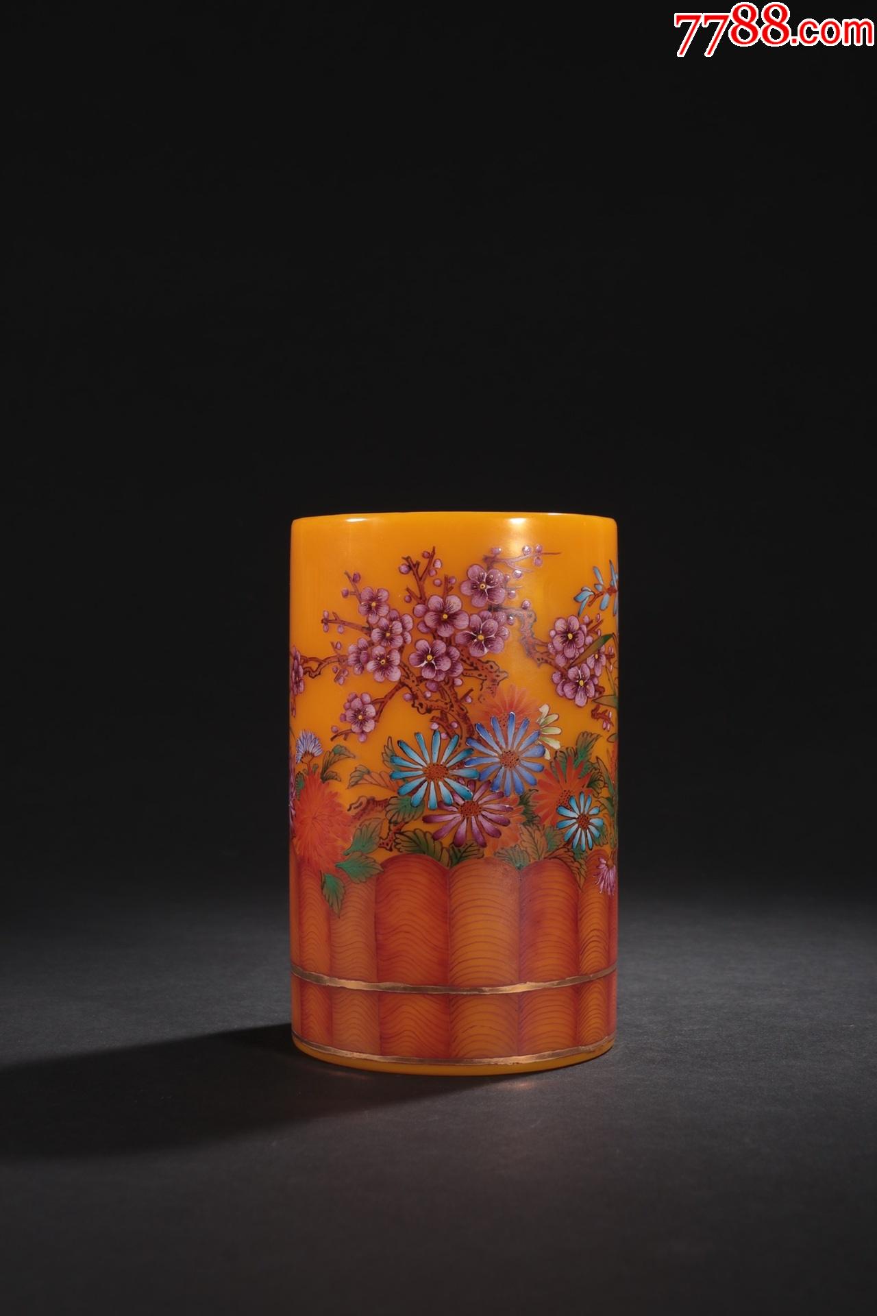 "商品>>>>￥5,50010品99清代-老琉璃彩绘三多图笔筒