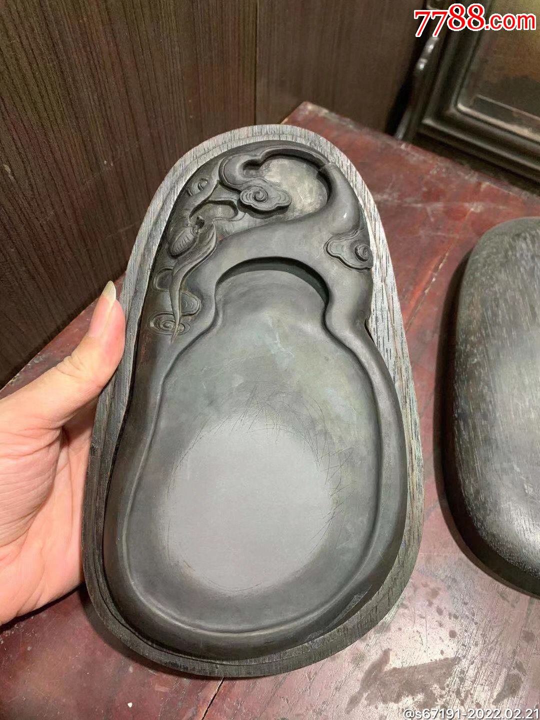 民国砚台葫芦云蝠工麻子坑带木盒端砚