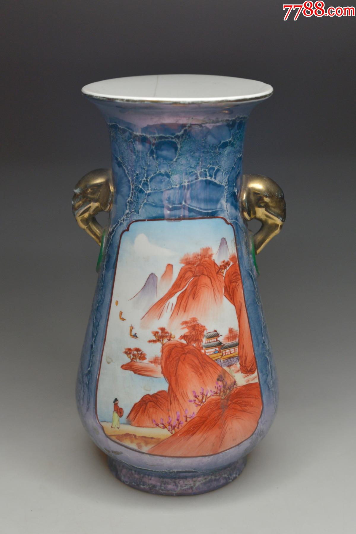 日本九谷烧彩绘象耳花瓶摆件日式花器插花器皿艺术收藏室内装饰品