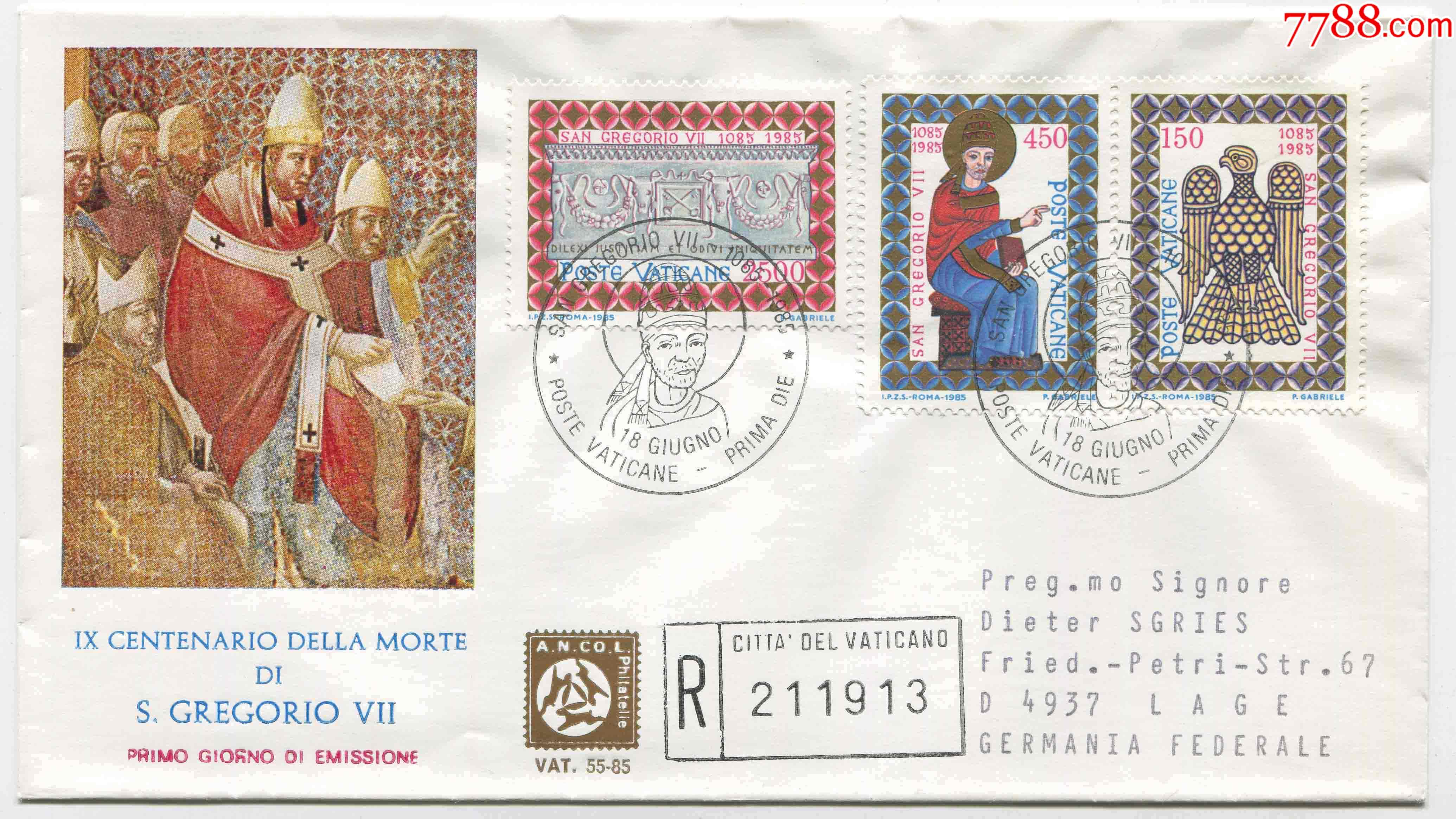 梵蒂冈邮票1985年教皇格列高利七世逝世900周年3全首日封实寄fdck