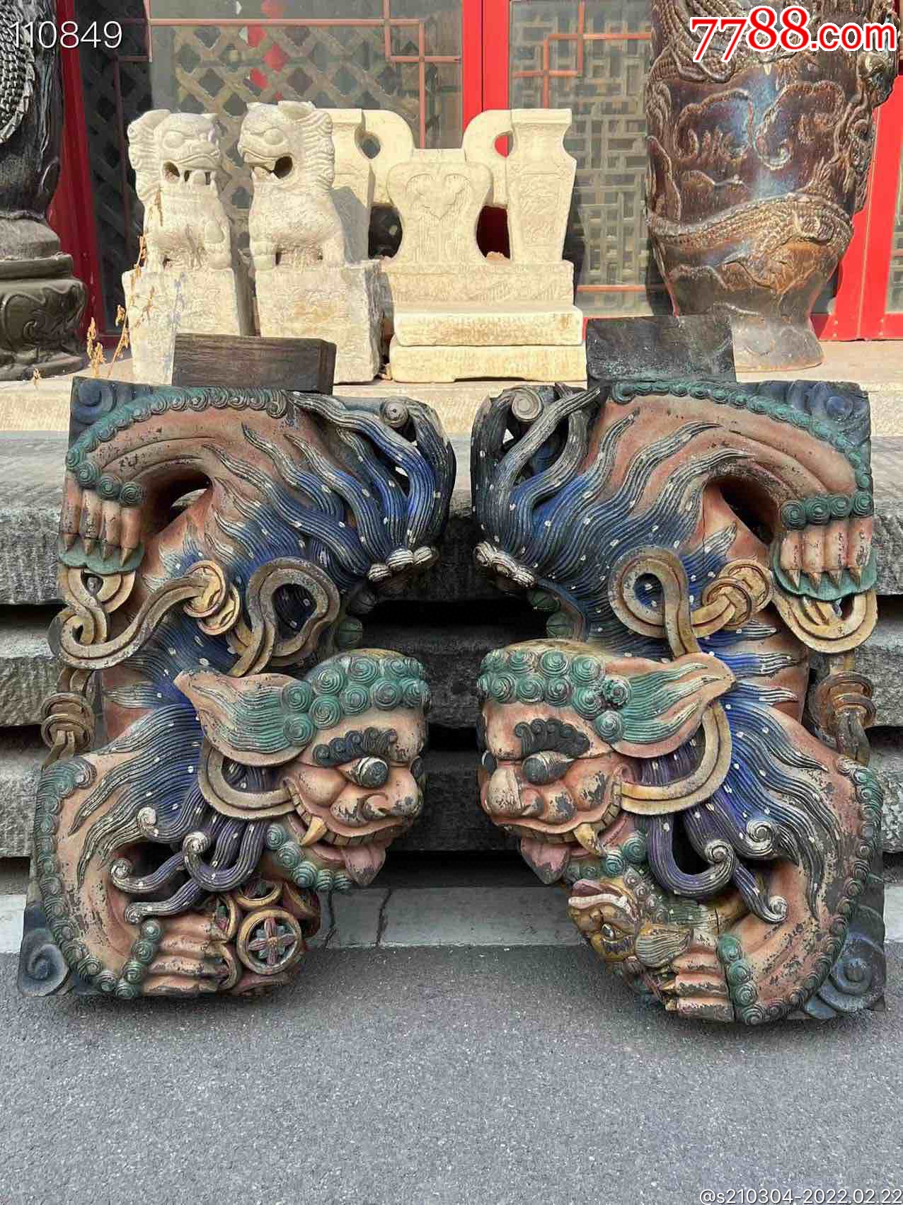 清代精品樟木五彩狮子牛腿一对高浮雕镂空雕工艺工艺雕刻精美寓意好