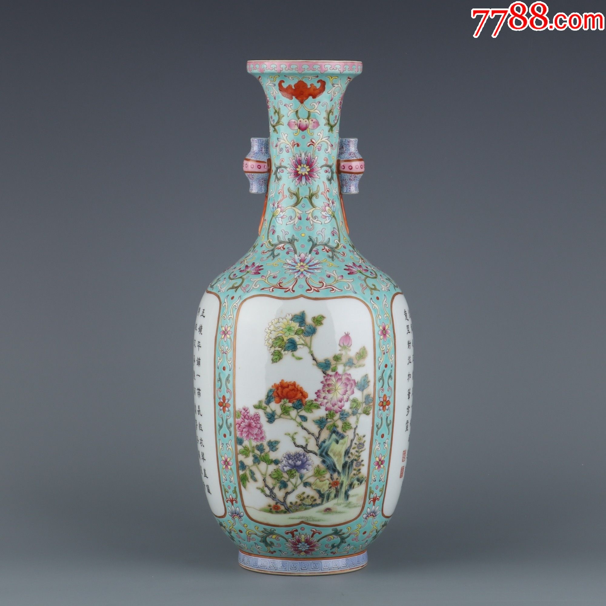 绿地粉彩开窗一鹭莲升牡丹花赏瓶