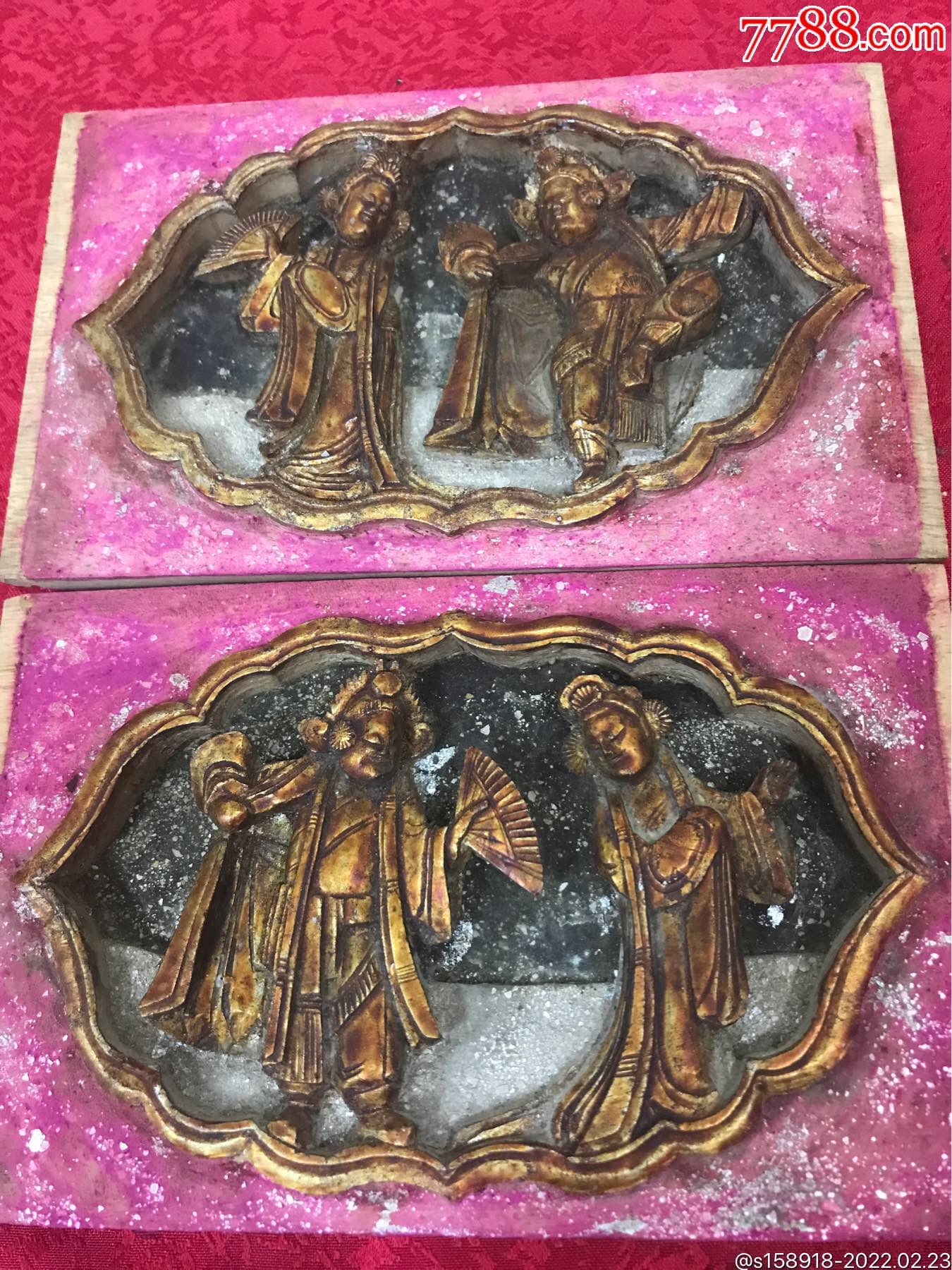 民国刻工及其精细的深浮雕戏曲人物雕板一对