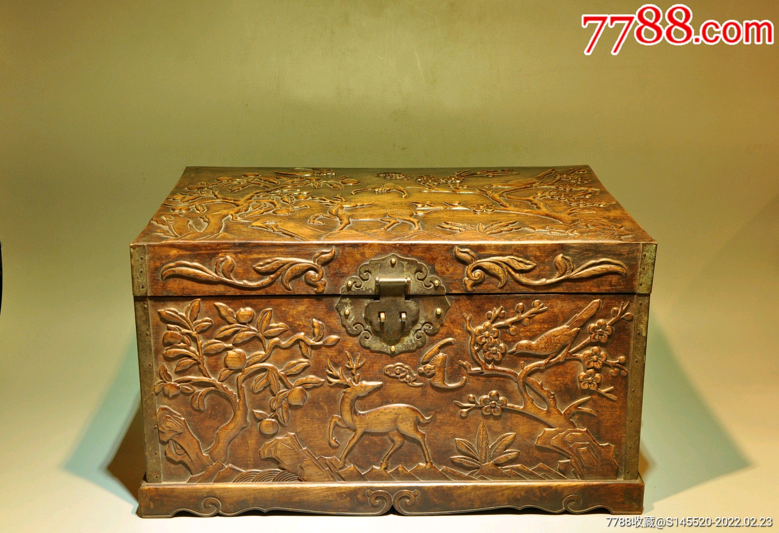 典藏黄花梨木首饰盒清代中期海南黄花梨文房雅玩满雕福禄寿首饰盒选料