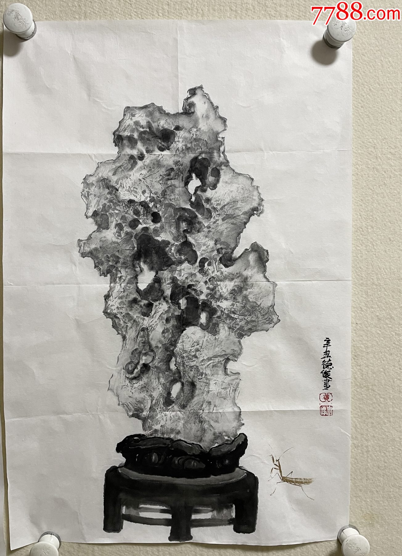 工笔小写意水墨禅意画17《太湖石鸟虫《灵石图》_花鸟国画原作_第2