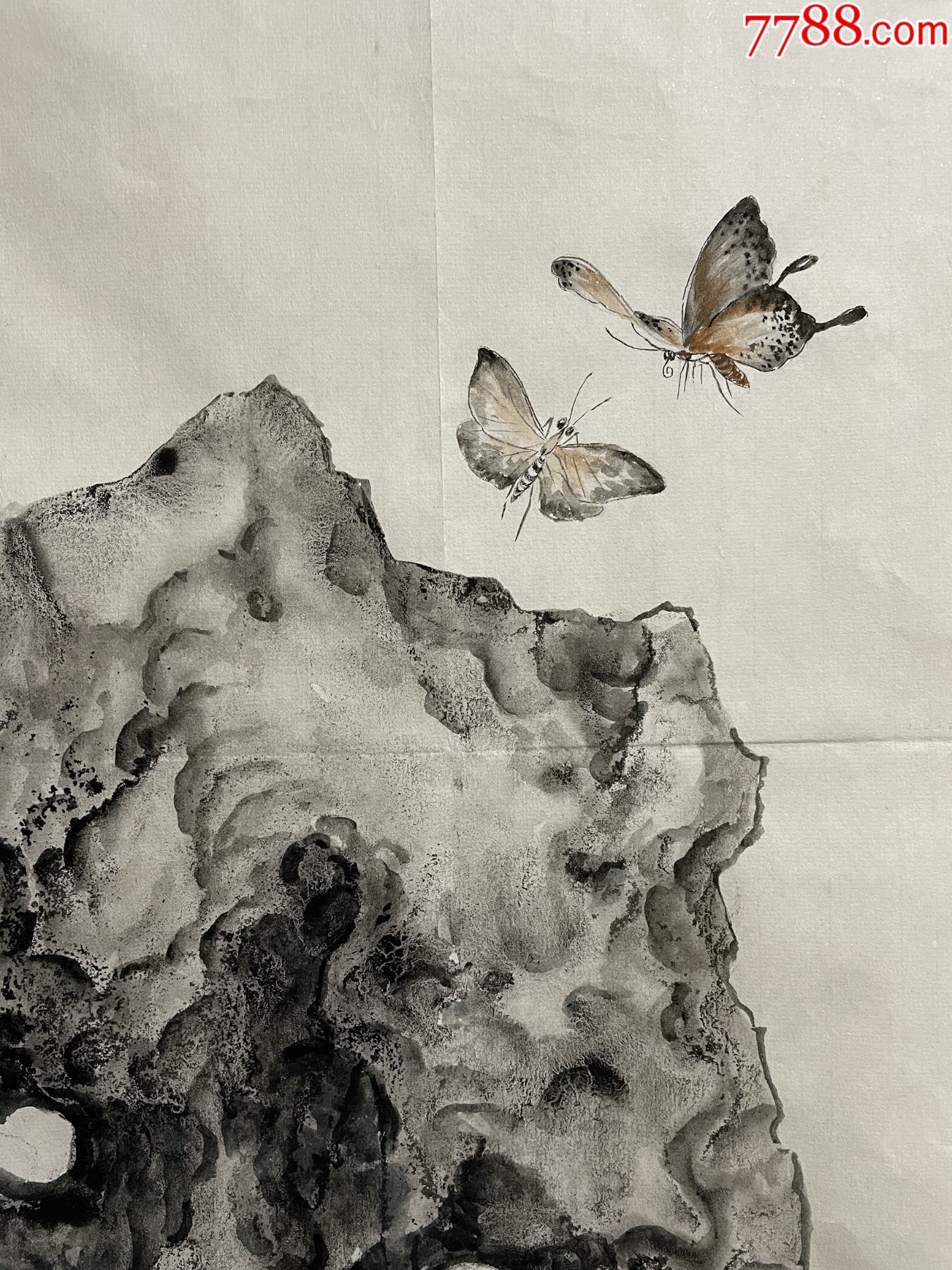 工笔小写意水墨禅意画19《太湖石鸟虫》灵石蝴蝶蒲草_花鸟国画原作_第