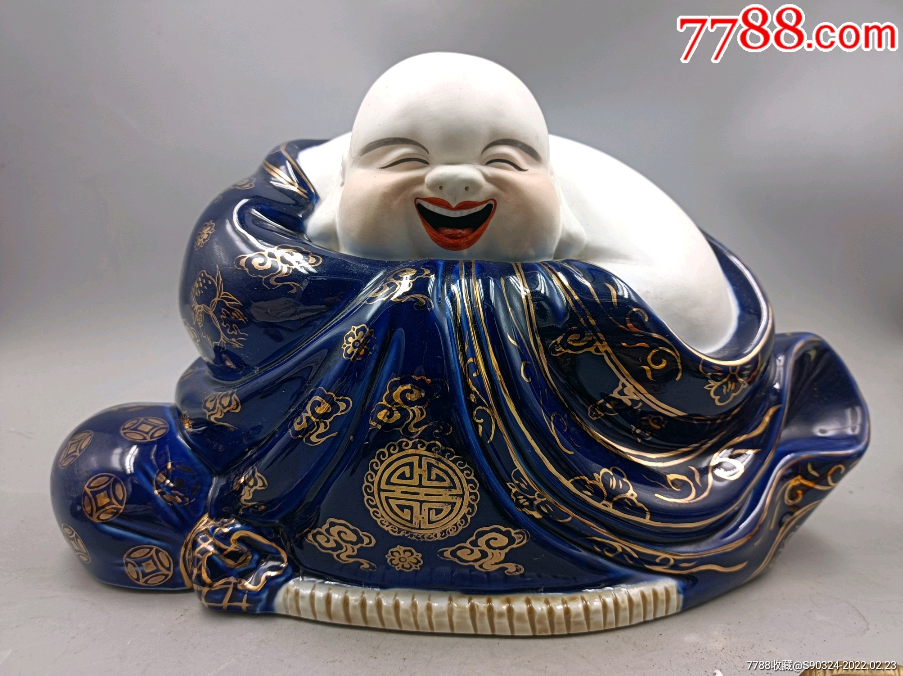 精美567景德镇雕塑瓷厂霁蓝釉描金哈哈罗汉