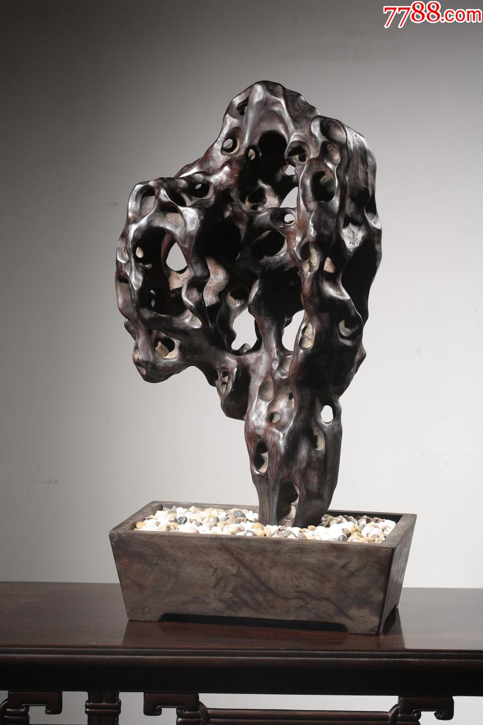 红木仿太湖石随形山子摆件配龙眼木四方盆