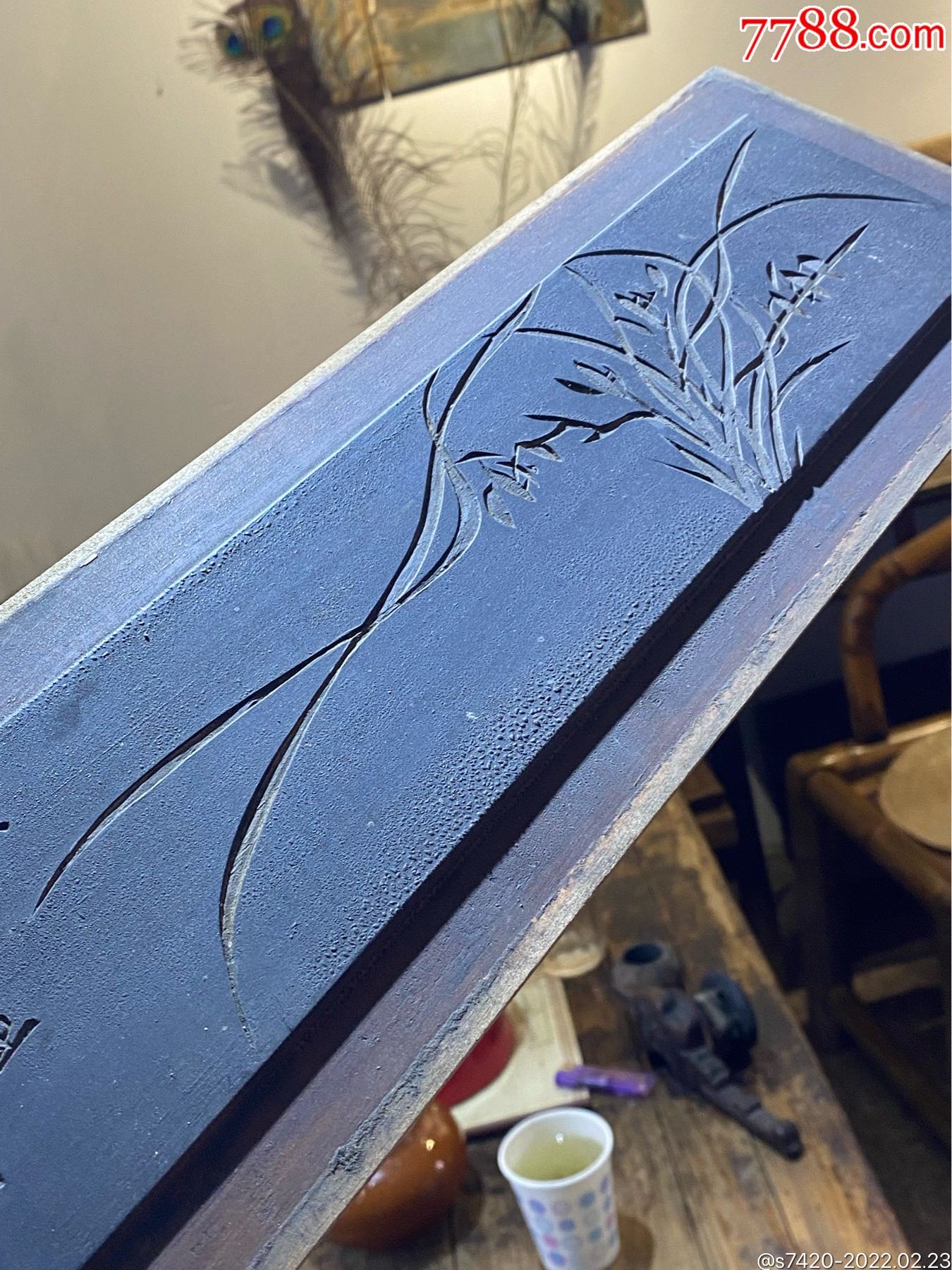 精品,清代阴刻兰花诗文花板-木雕花板-7788书画网