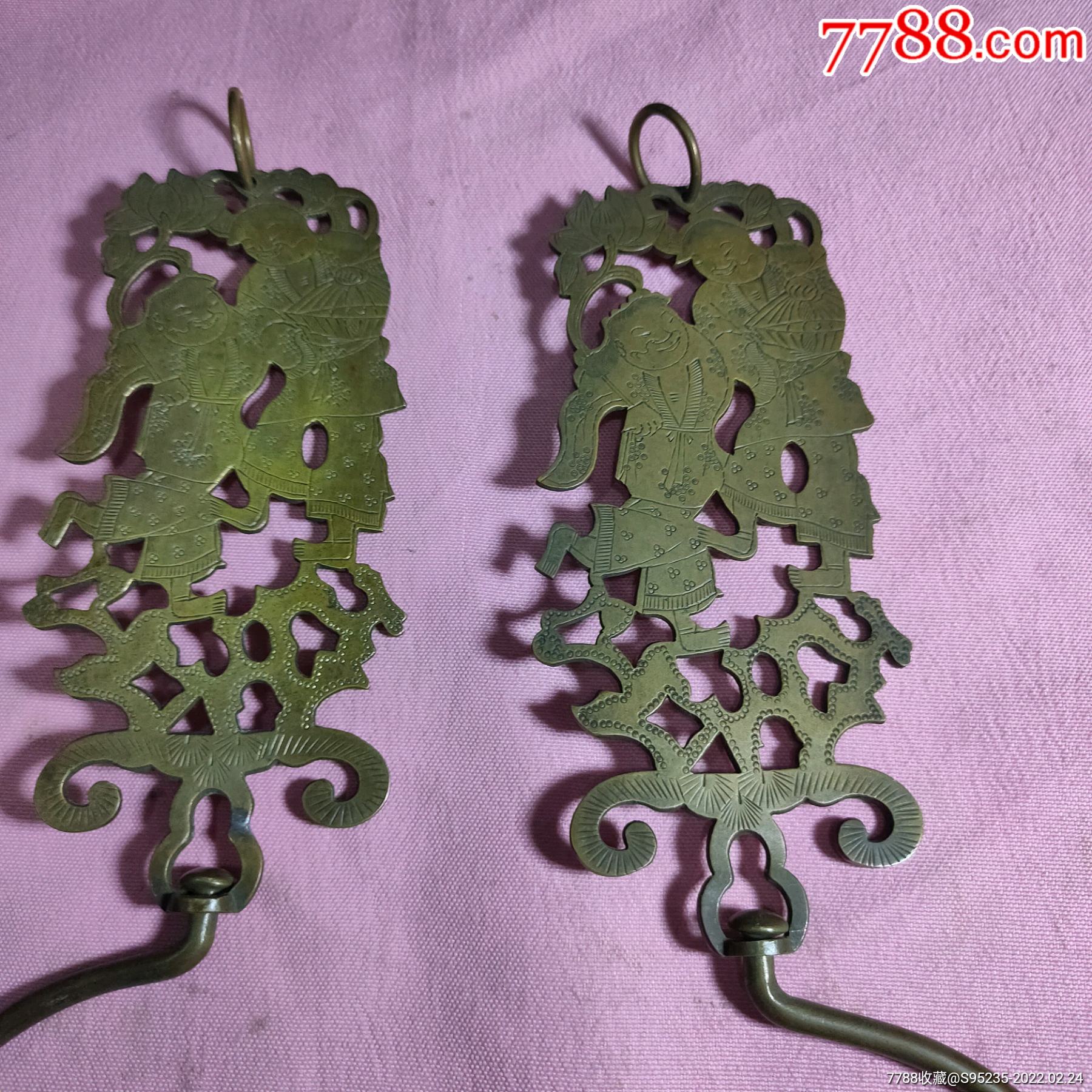 包老的雕刻精美和合二仙人物的白铜门帘钩