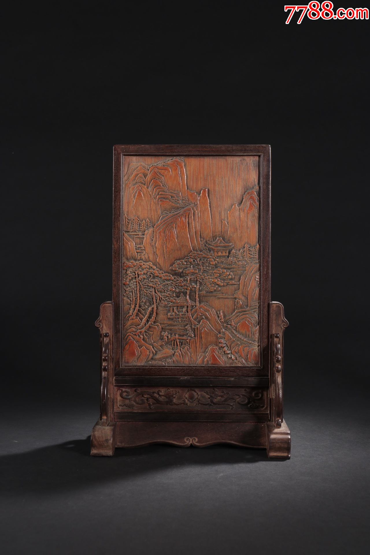 竹君任淇红木镶竹山水插屏摆件