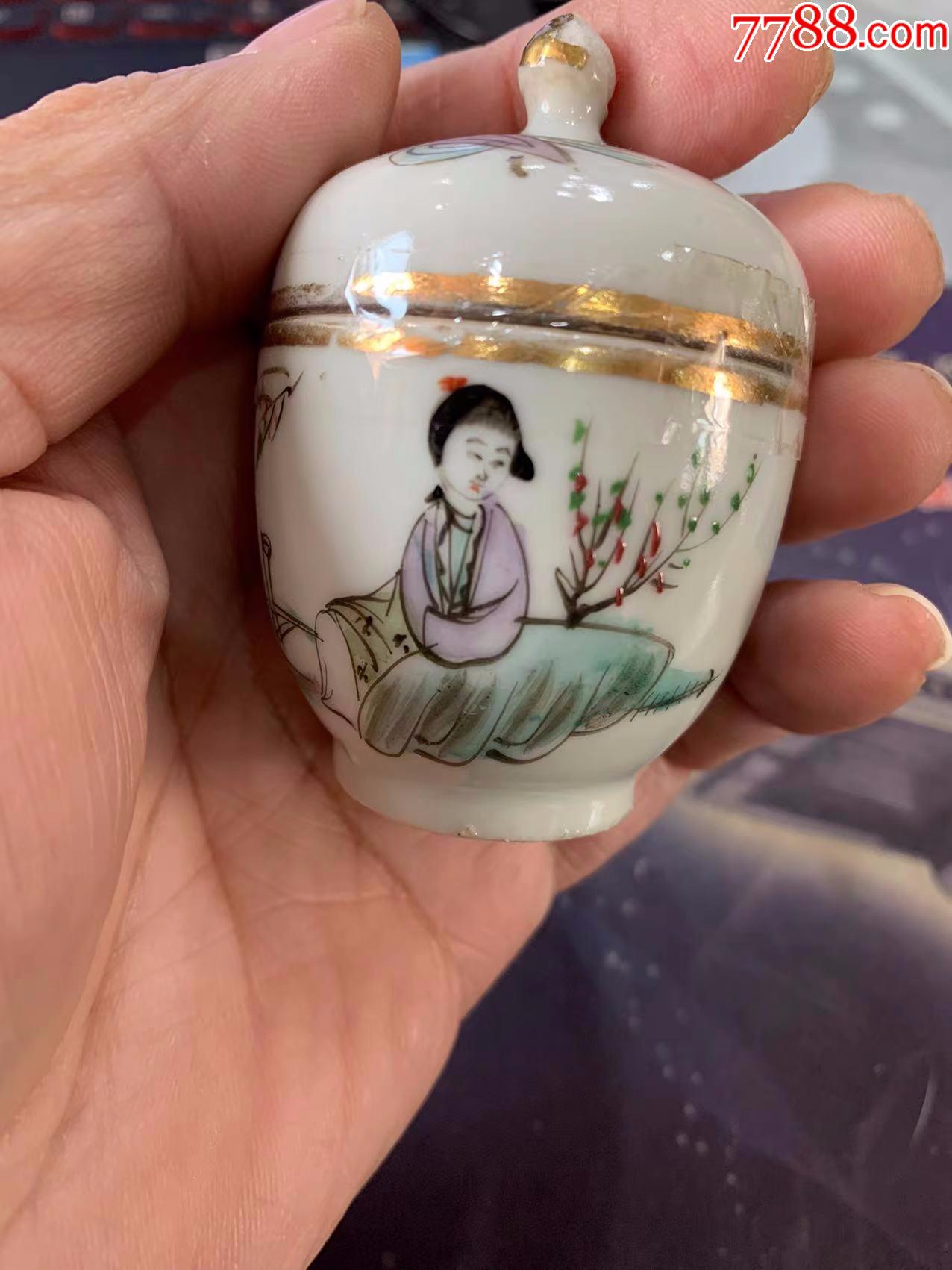 23瓷器收藏清代民国彩绘桃花美女微小盖罐粉罐难得