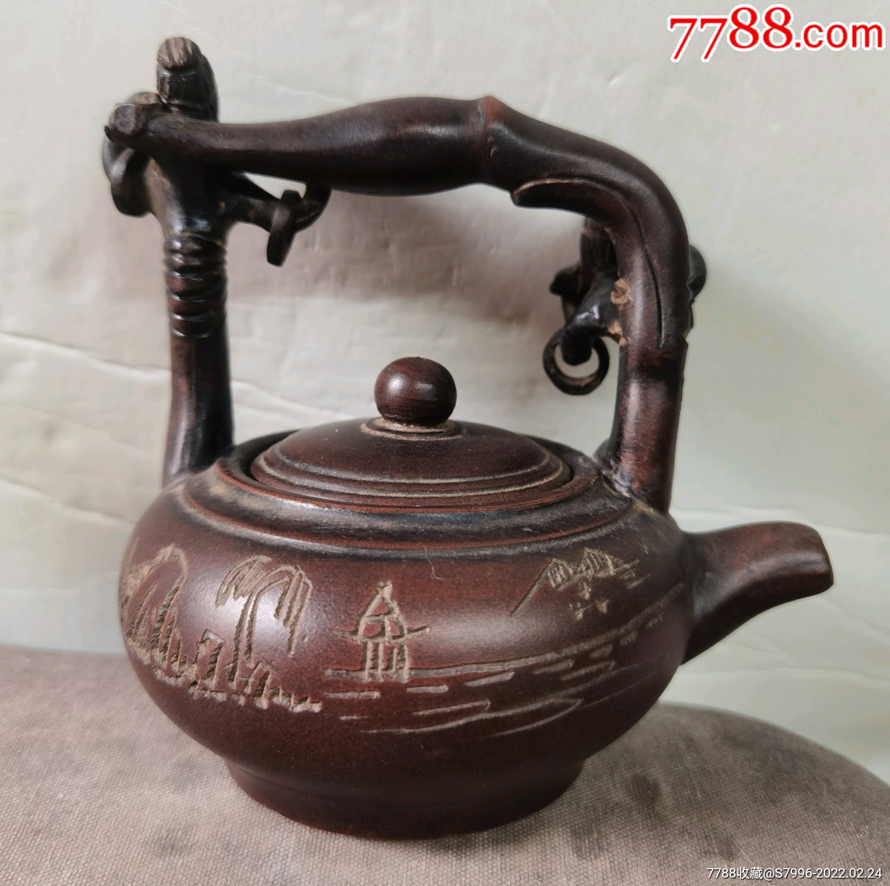 民国老紫砂人物提梁壶