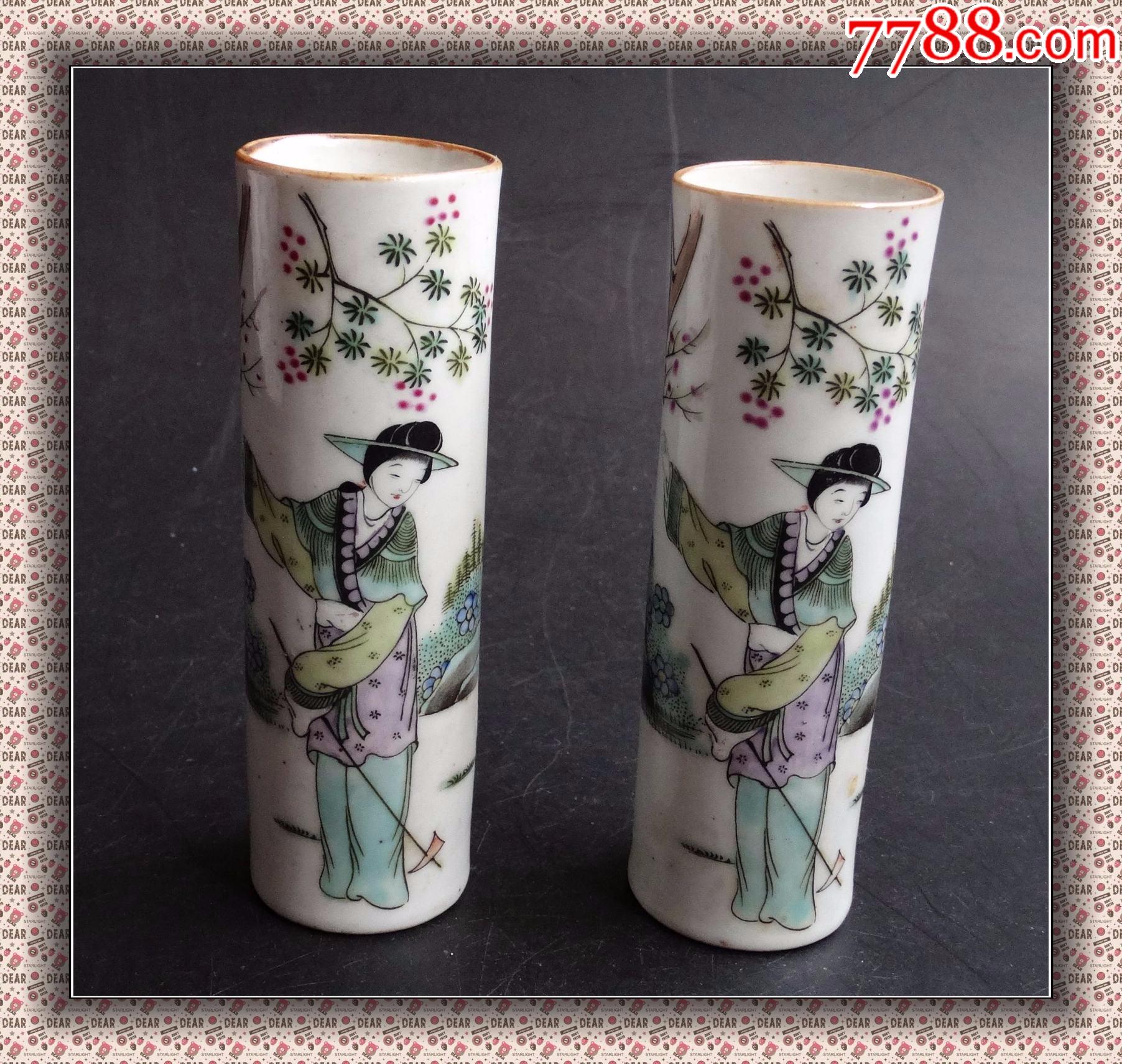 31微瓶古玩古董瓷器唐子桢书底款侍女纹彩绘微型帽筒小摆件一对