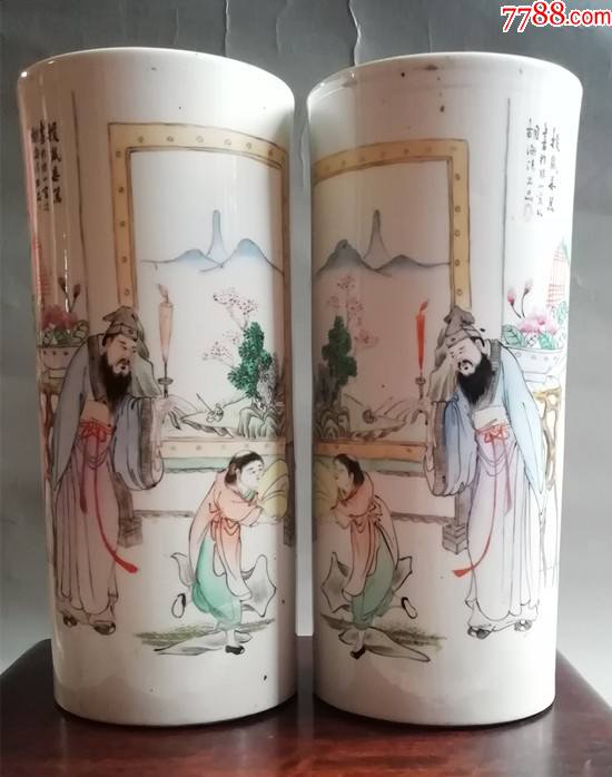 收藏品至乙堂民国胡源鑫投鼠忌器人物故事帽筒一对zyta982302