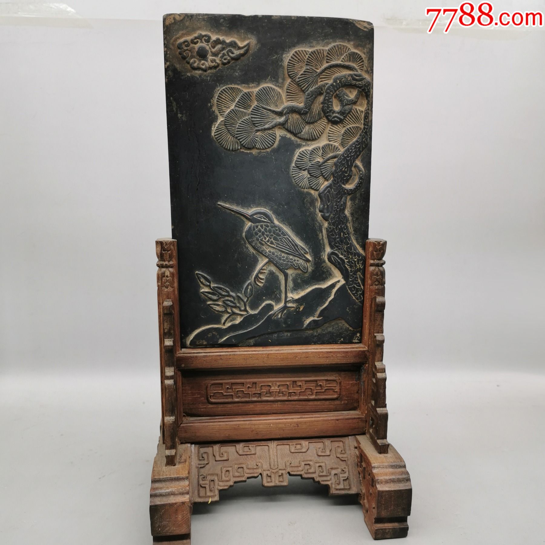 清代浮雕花鸟石插屏