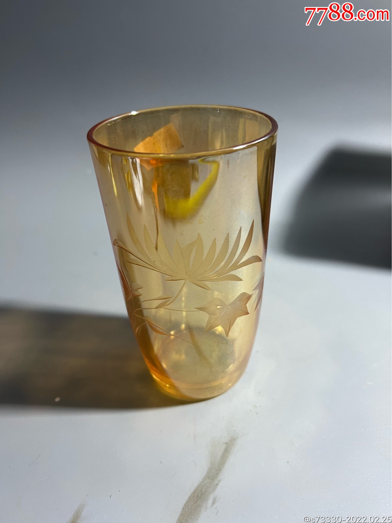 80年代茶色剃花玻璃杯一只1