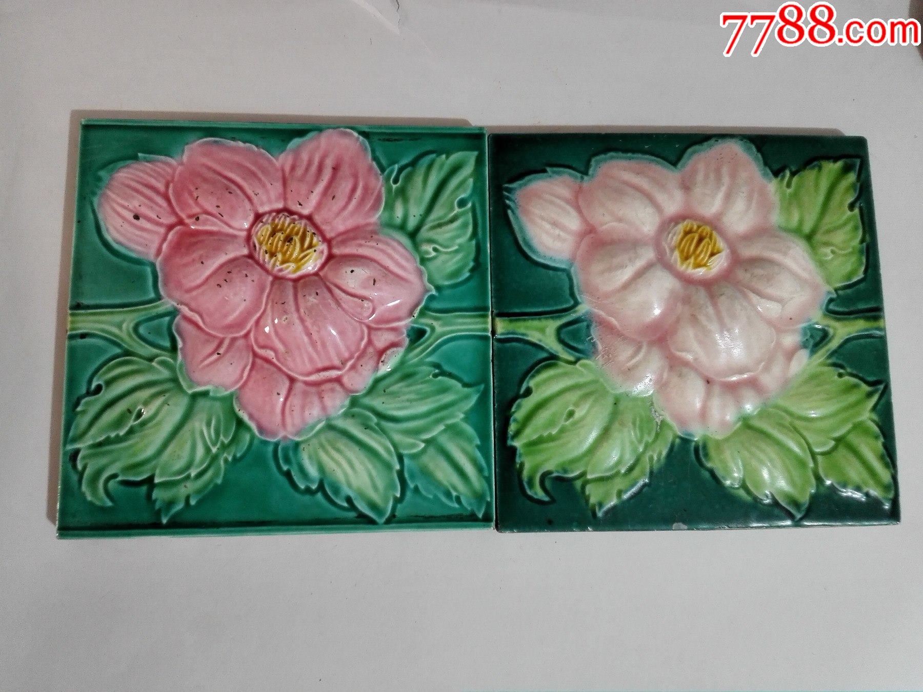 民国大绿牡丹瓷砖一对1