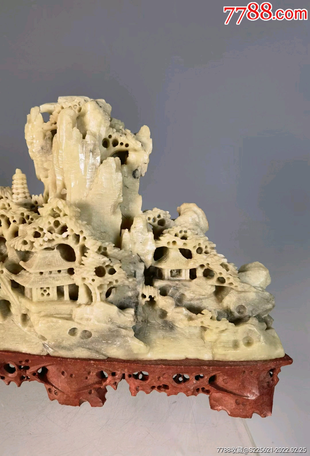 青田石雕高山亭阁山子摆件